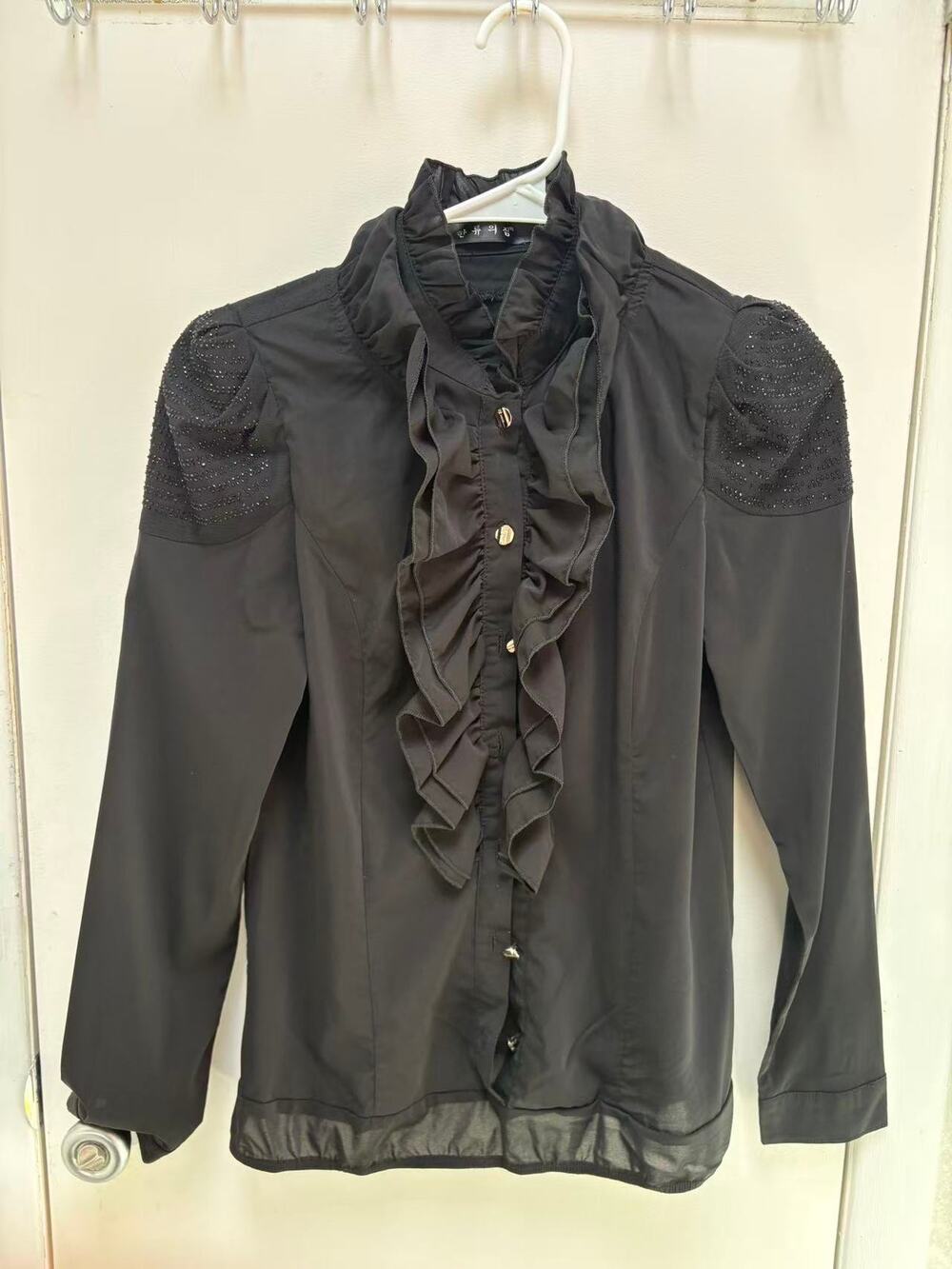 Victorian Gothic Women Black Ruffle Beaded Shoulder Long Sleeve Casual Top Small